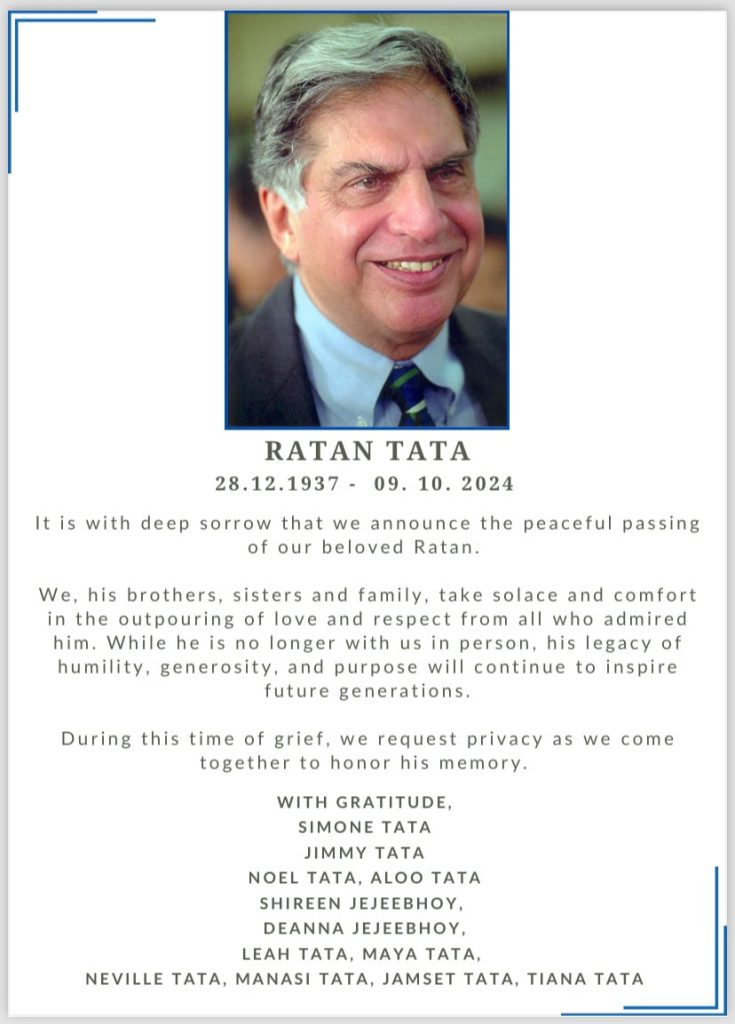 Ratan Tata dies at 86